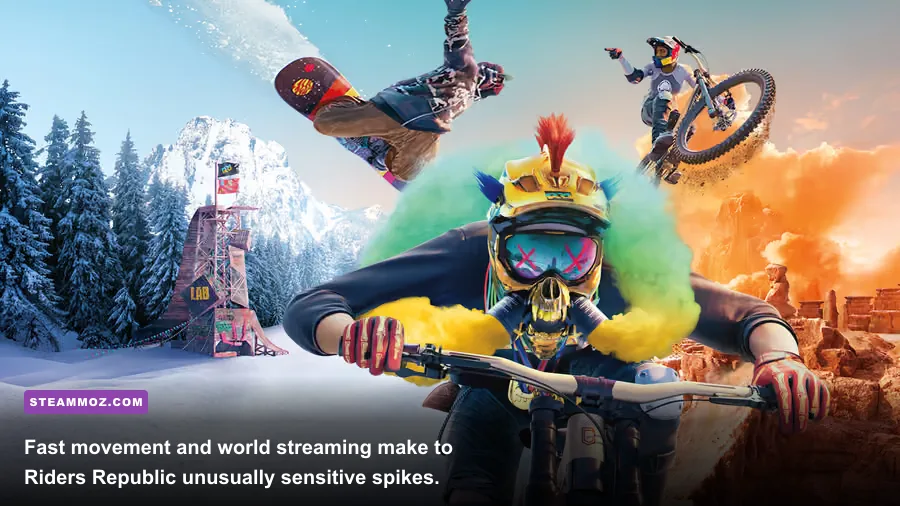Riders Republic downhill bike race across a detailed open-world landscape