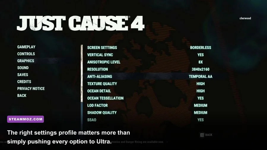 Just Cause 4 PC graphics settings menu showing resolution and quality options