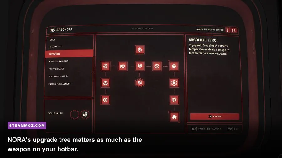 Atomic Heart Nora upgrade station showing weapon blueprints and polymer enhancements