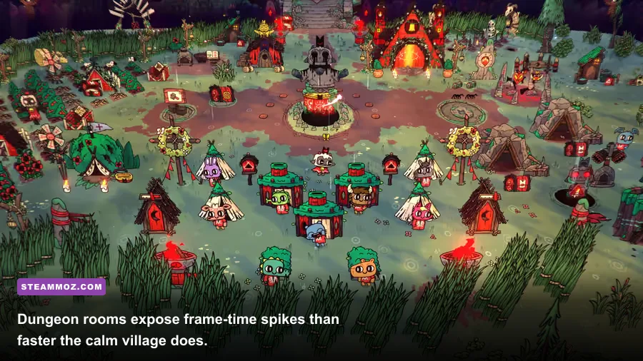 The Lamb battling enemies in the Silk Cradle dungeon in Cult of the Lamb