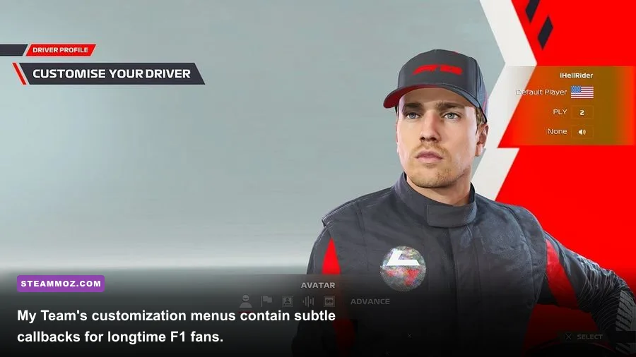 F1 22 My Team customization screen with driver helmet and team livery options
