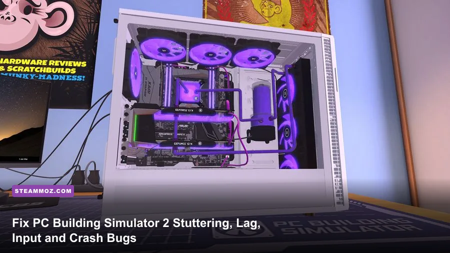 Custom liquid cooled gaming PC on a workbench in PC Building Simulator 2