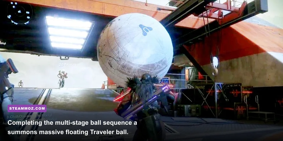 A Guardian kicking the giant glowing Traveler ball in the Destiny 2 Tower courtyard