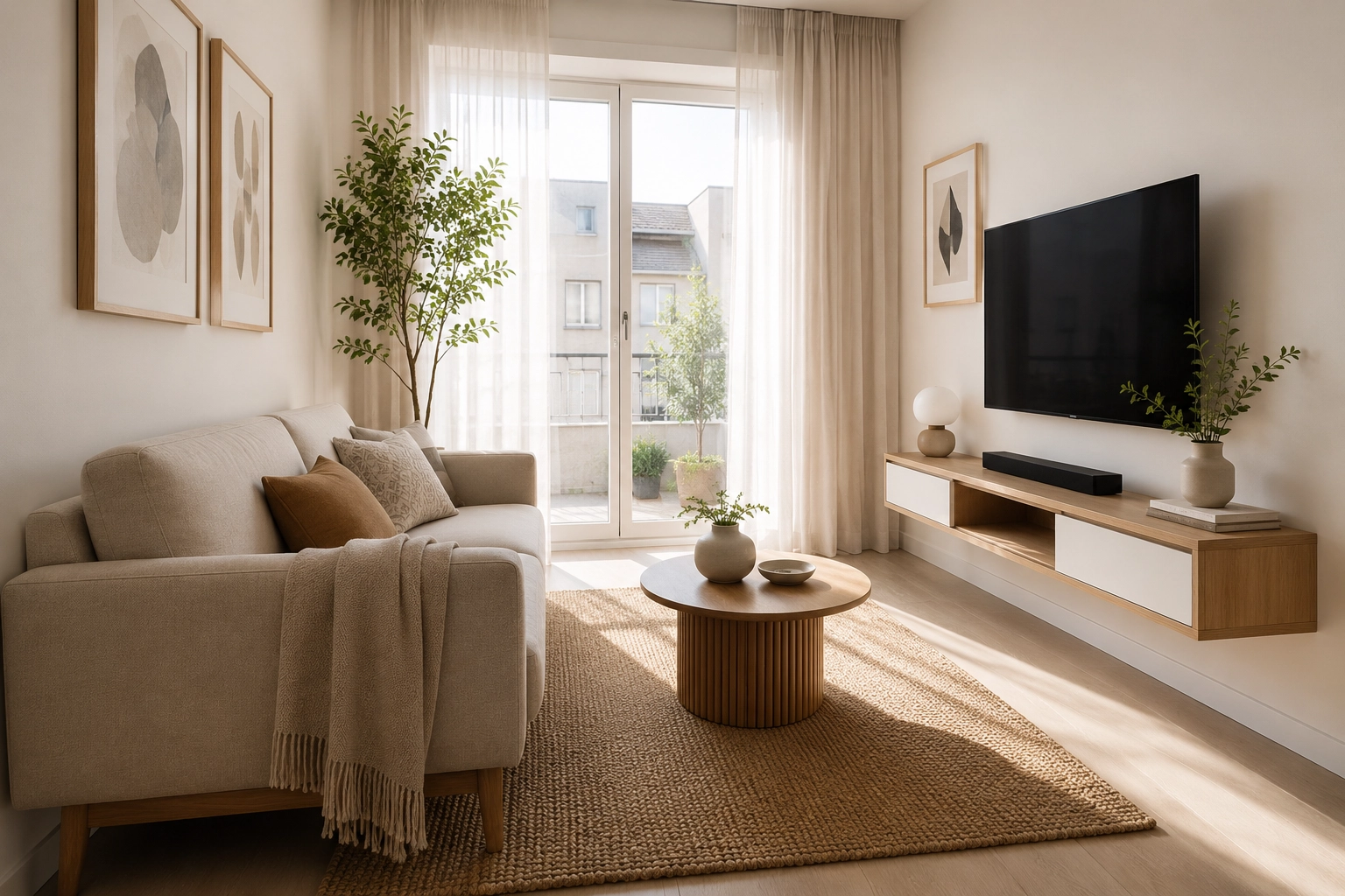 Small living room layout featuring space-saving furniture with exposed legs to make the room feel larger