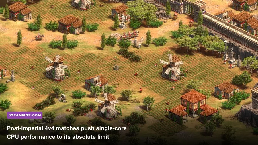 Eight player post-imperial battle in Age of Empires 2 with trebuchets and cavalry charging