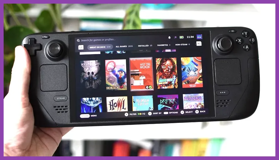 Steam Deck OLED showing the main library interface