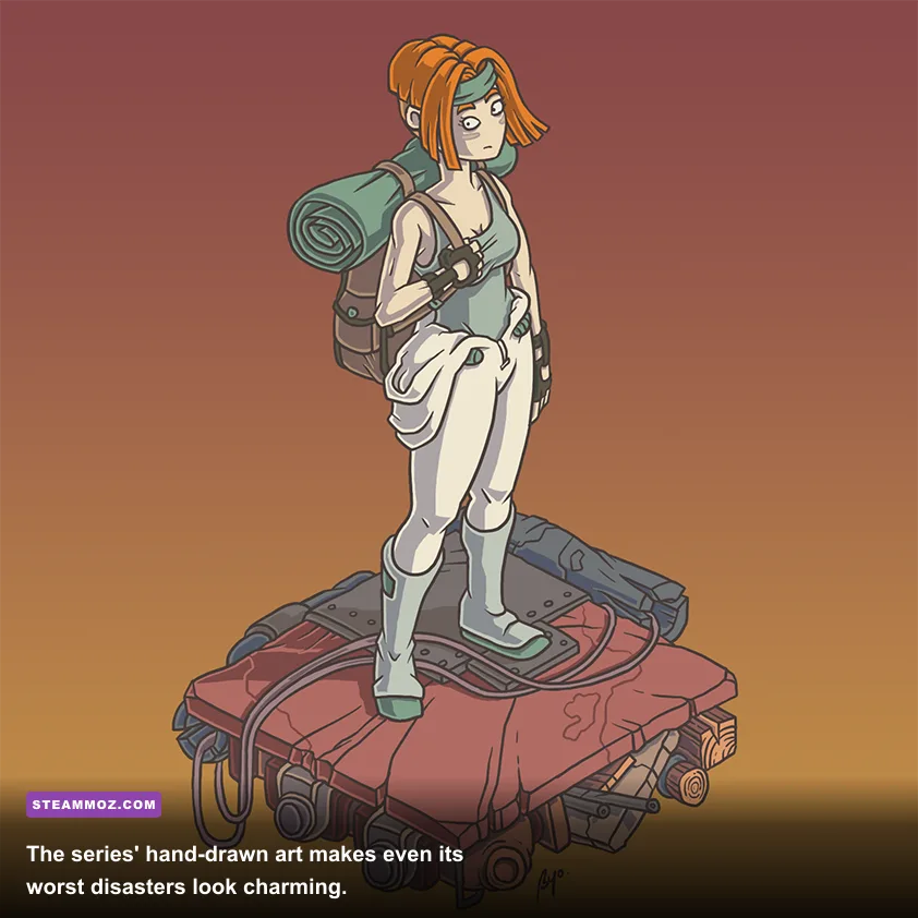 Hand-drawn comic-style characters and scenery from Deponia Doomsday
