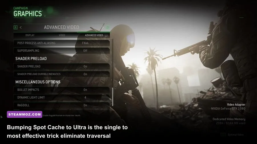 Modern Warfare 2 shadow and lighting settings emphasizing the Spot Cache option