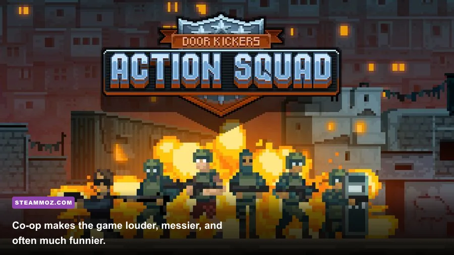 Four players working together in Door Kickers Action Squad co-op gameplay