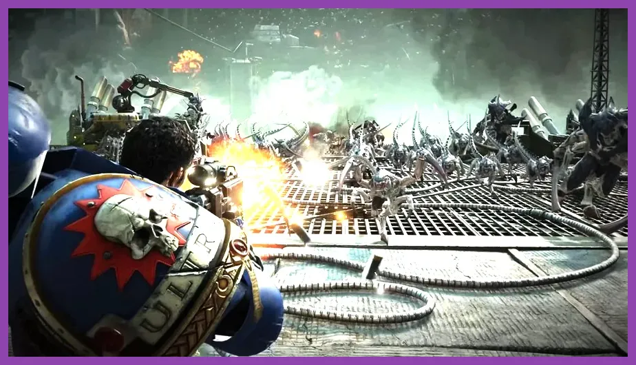 Space Marine 2 squad holding off Tyranid swarm