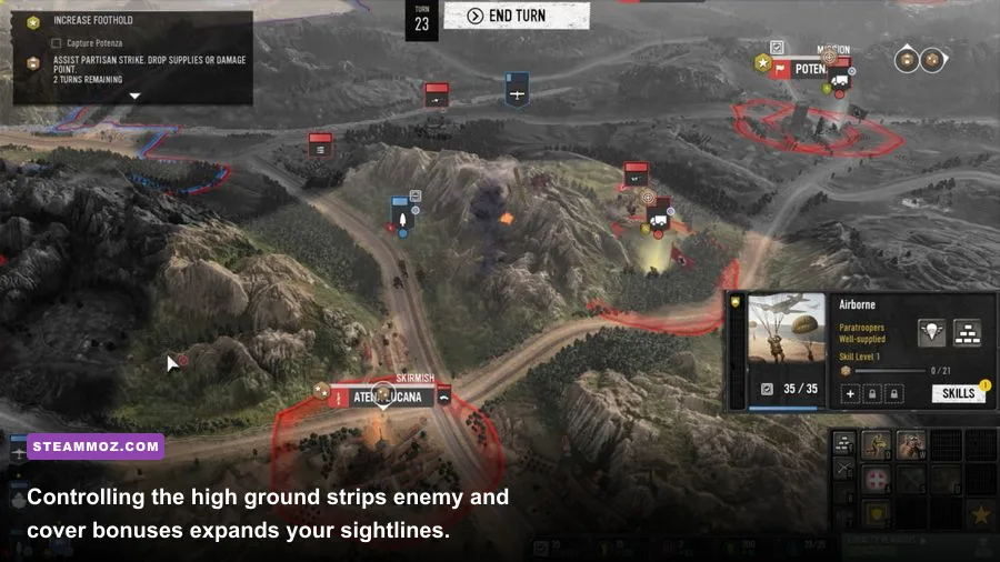 Infantry squad firing from elevated cliffs down into a town square in Company of Heroes 3