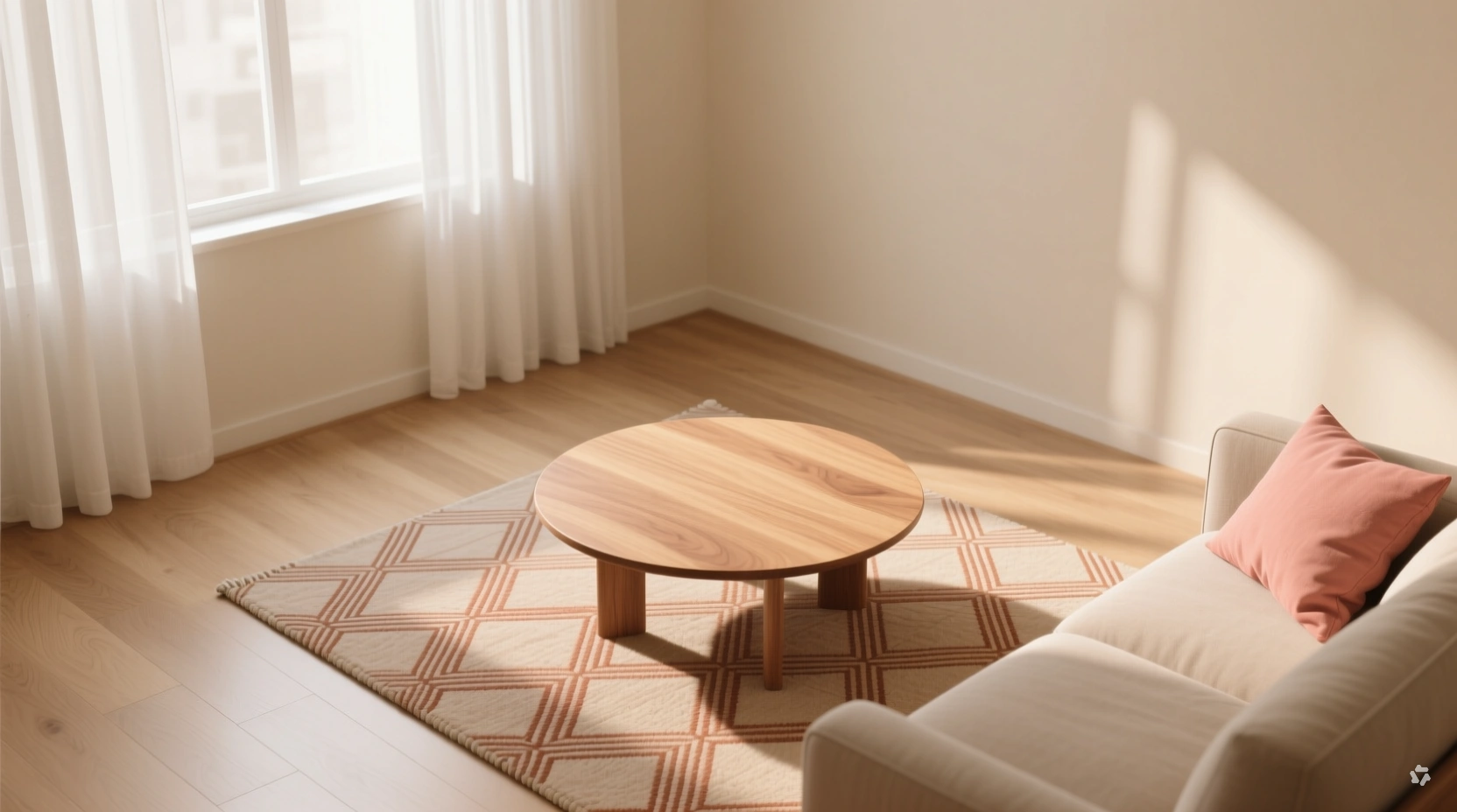 small accent rug floating under a coffee table with no furniture legs touching it