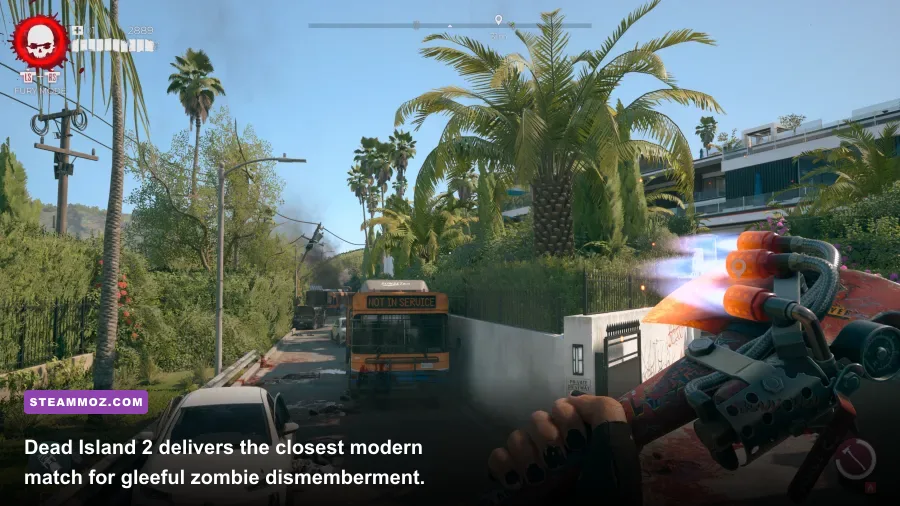 Dead Island 2 survivor using an electrified weapon against zombies in Los Angeles