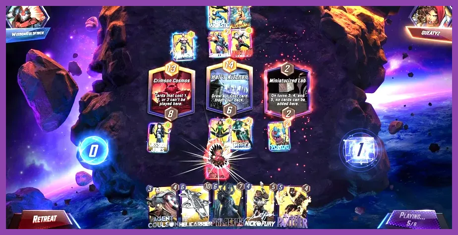 Marvel Snap match in progress with multiple location cards