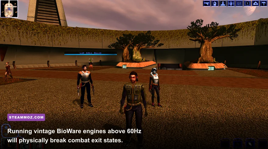 Knights of the Old Republic party combat on the streets of Upper Taris in 16:9 widescreen