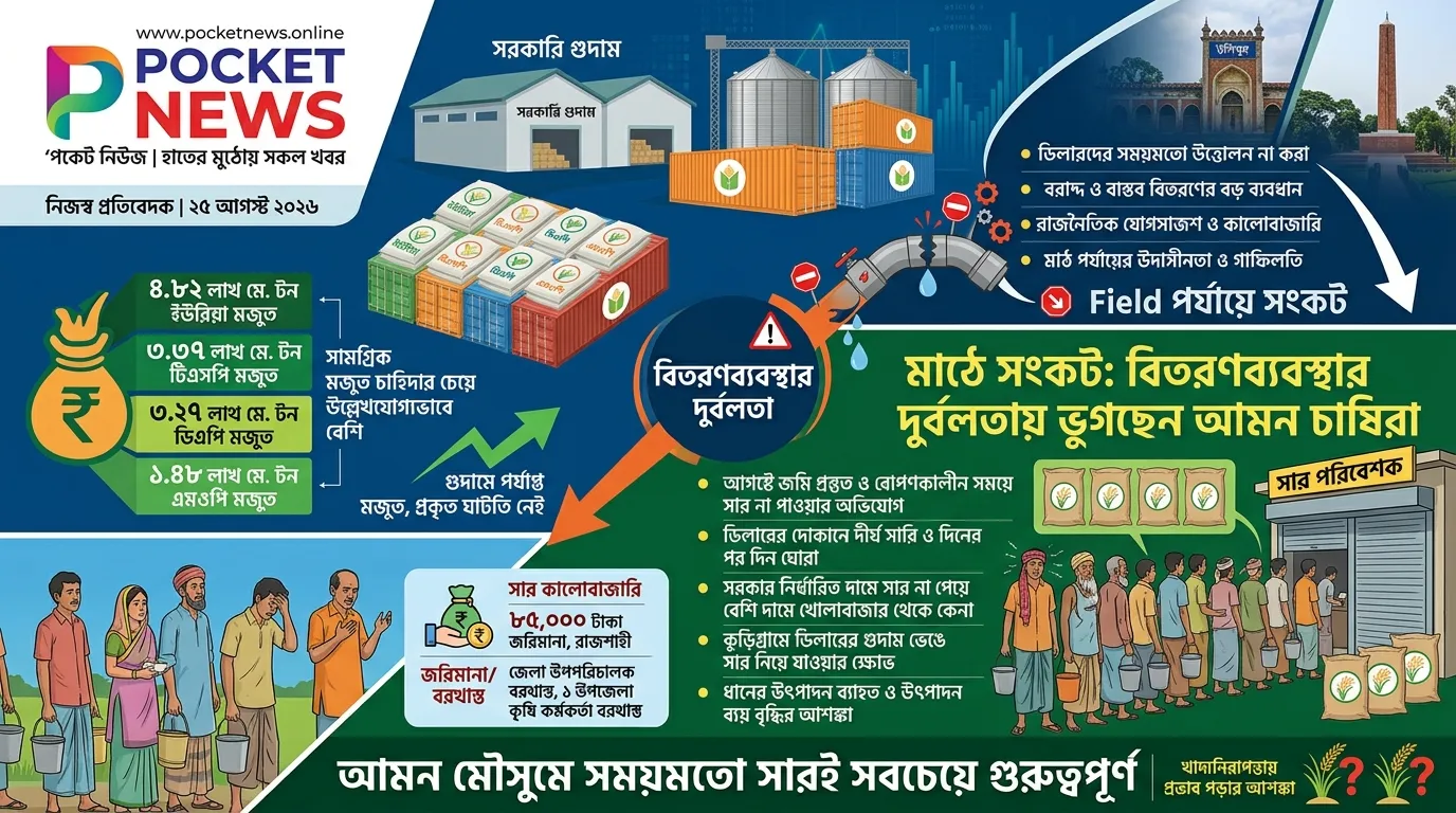 গুদামে পর্যাপ্ত সার, তবু মাঠে সংকট: বিতরণব্যবস্থার দুর্বলতায় ভুগছেন আমন চাষিরা গুদামে পর্যাপ্ত সার, তবু মাঠে সংকট: বিতরণব্যবস্থার দুর্বলতায় ভুগছেন আমন চাষিরা