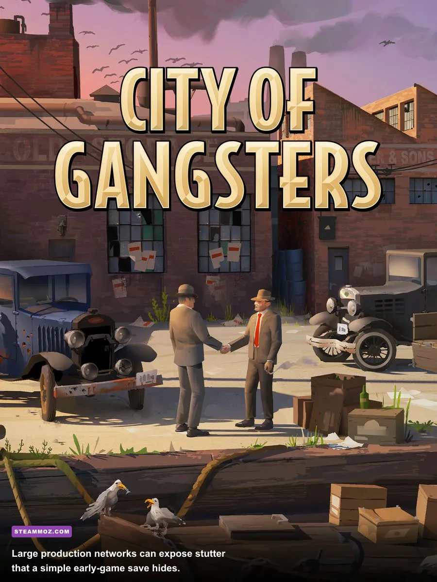 City of Gangsters production buildings and warehouse network on a detailed city map