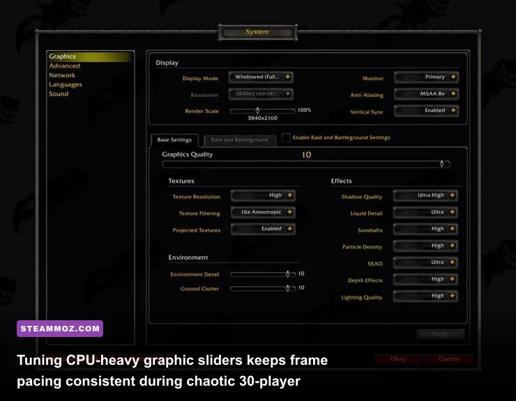 World of Warcraft graphic settings menu displaying view distance and spell density sliders