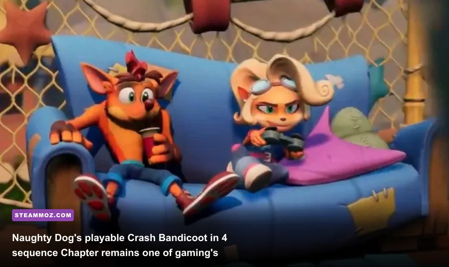 Nathan Drake sitting on a sofa playing Crash Bandicoot on a vintage CRT television in Uncharted 4