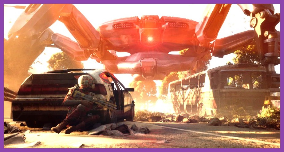 A massive ARC spider machine looming over a desolate field