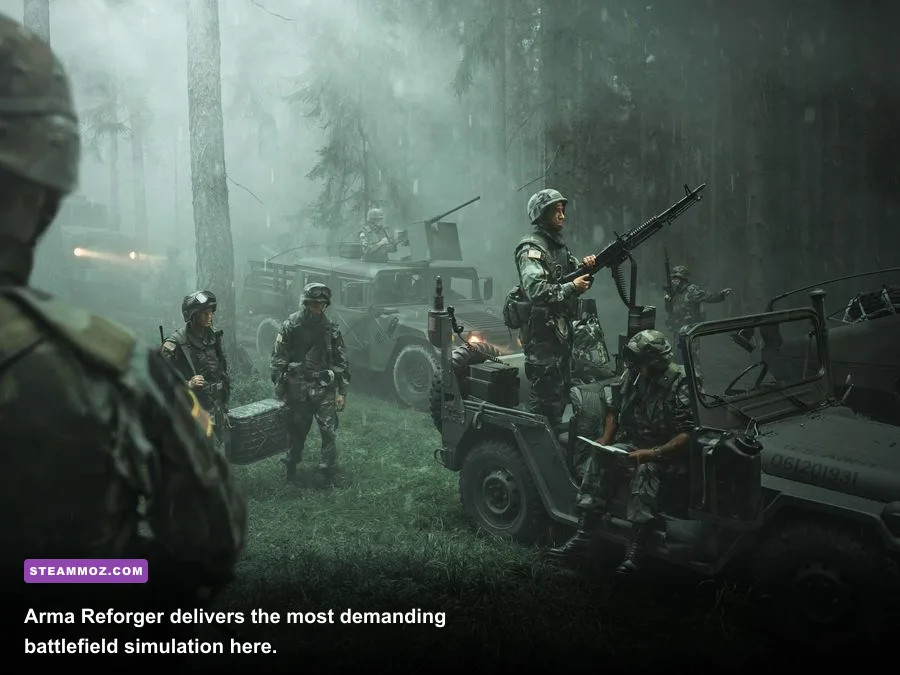 Arma Reforger infantry squad moving through a forest during a military operation