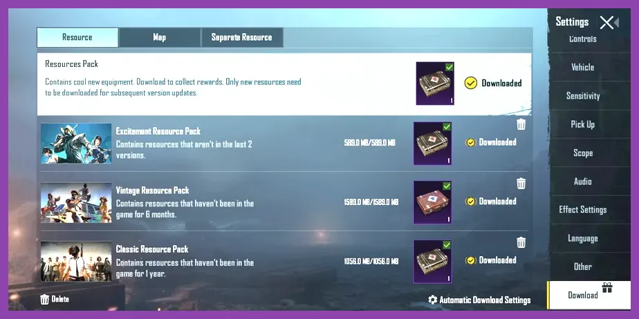 PUBG Mobile resource packs panel displaying file sizes