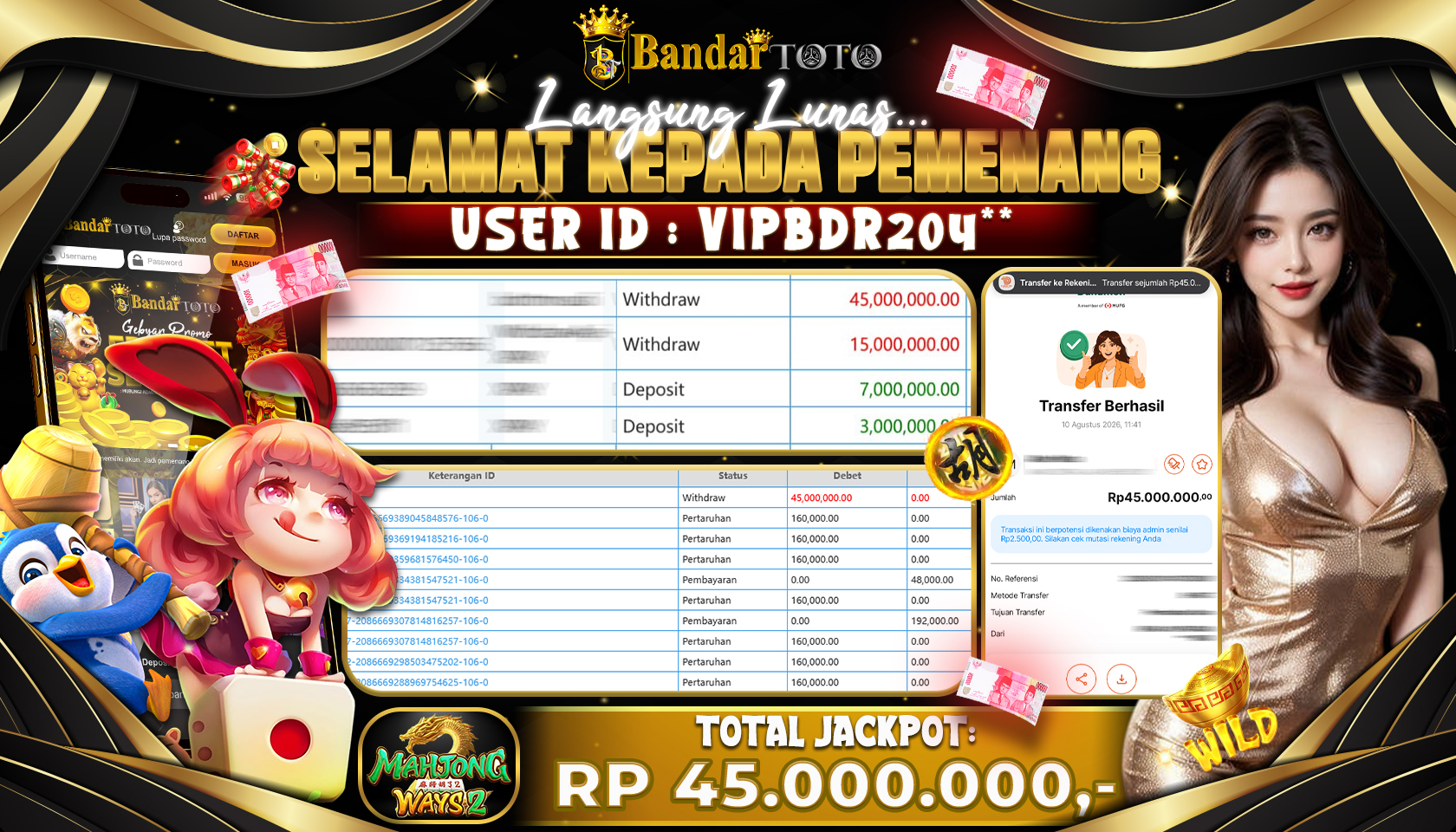 BANDARTOTO JACKPOT PG-MAHJONG WAYS 2 45 JUTA DIBAYAR LUNAS,-