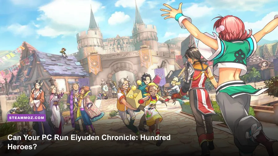 Eiyuden Chronicle Hundred Heroes heroes gathered before a fantasy castle