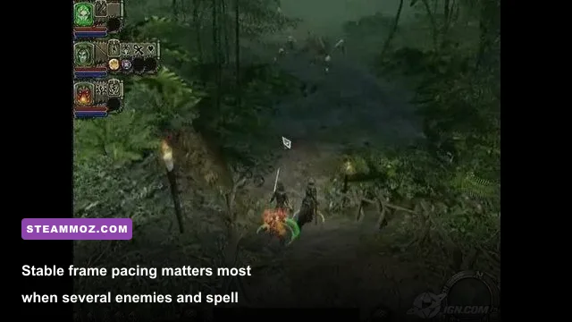 Dungeon Siege II party fighting a boss during a large combat encounter