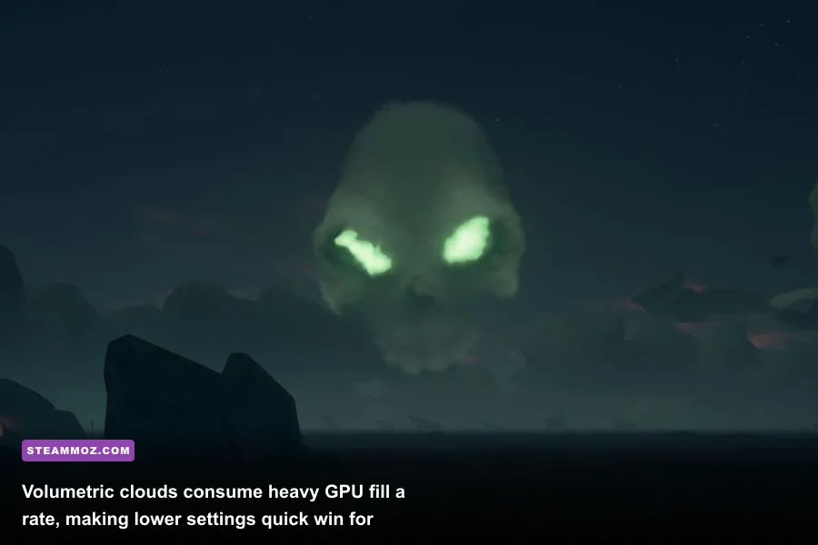 Dramatic volumetric cloud formations and skull fort cloud in the Sea of Thieves sky
