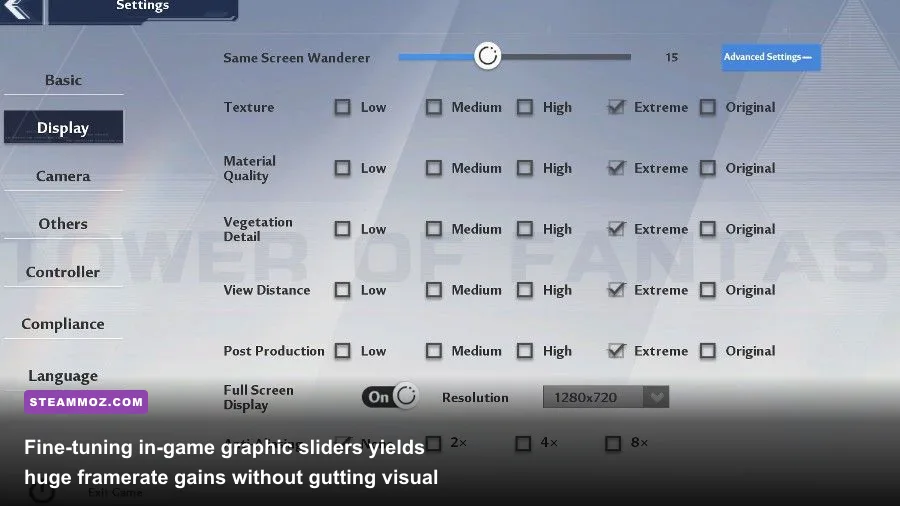 Tower of Fantasy PC graphics settings display showing custom presets and FPS toggles