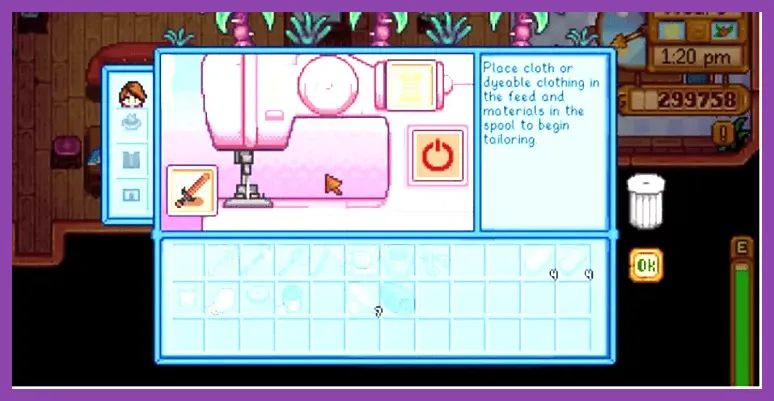 Stardew Valley tailoring and sewing machine menu