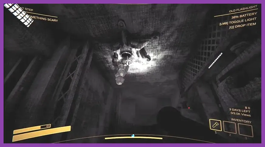 Player using a flashlight in a dark corridor in Content Warning