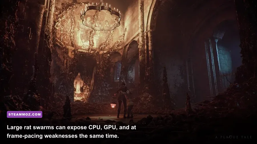 A giant swarm of rats surrounding fire in A Plague Tale Innocence