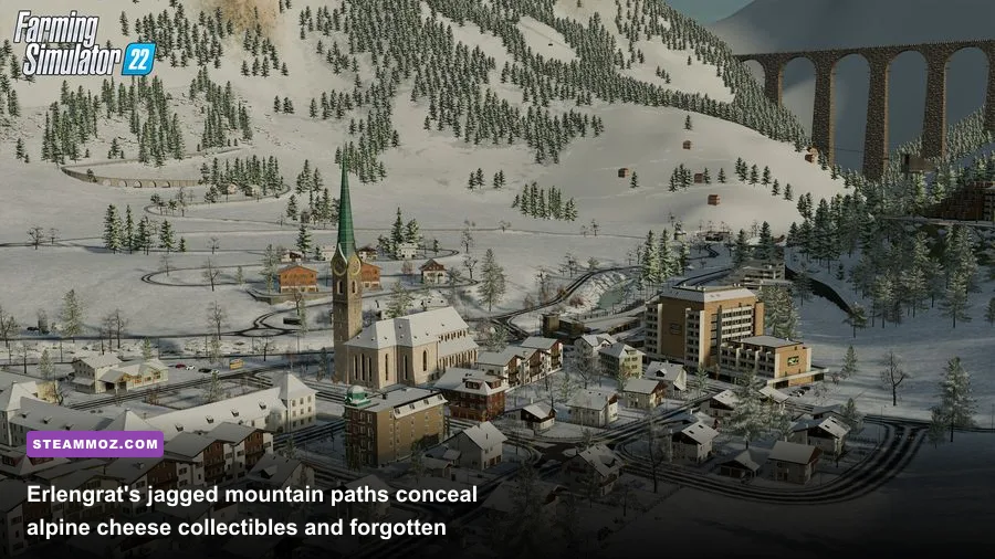 Erlengrat mountain range with railway tracks and alpine forests in Farming Simulator 22