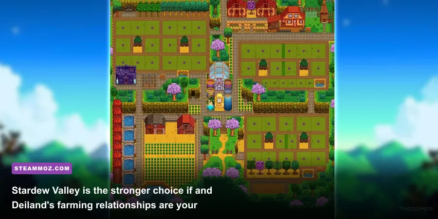 Stardew Valley Four Corners farm filled with summer crops, sprinklers, paths, and farm buildings