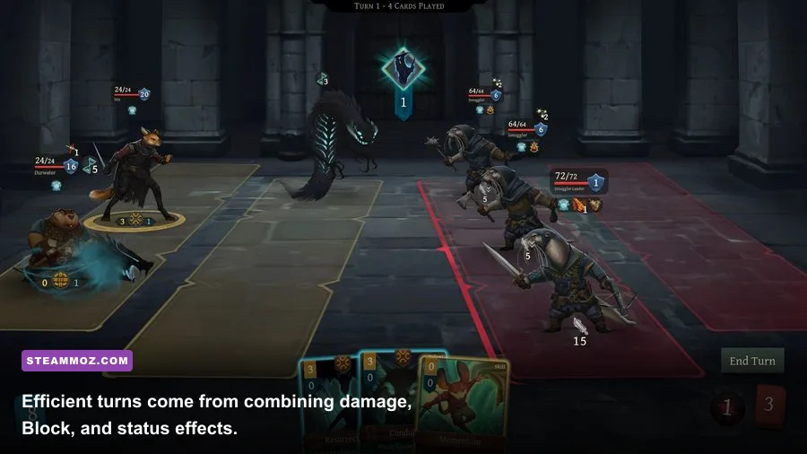 Banners of Ruin card combat showing defensive and offensive effects