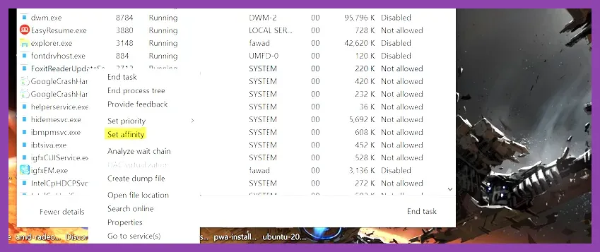 Task Manager Details tab with Avowed.exe selected and CPU affinity showing cores 2‑6 enabled