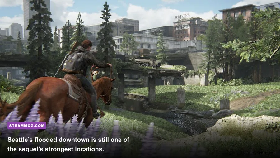 Ellie exploring the flooded Seattle downtown area in The Last of Us Part II