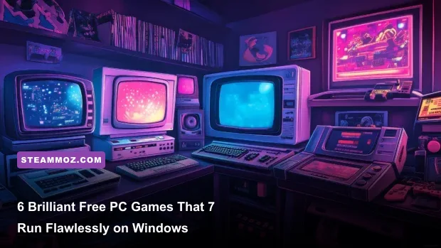 Vintage gaming PC running pixel-art indie games on a retro desk setup