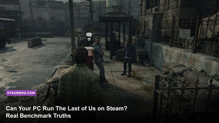 Joel and Ellie walking through the Boston Quarantine Zone in The Last of Us Part I on PC