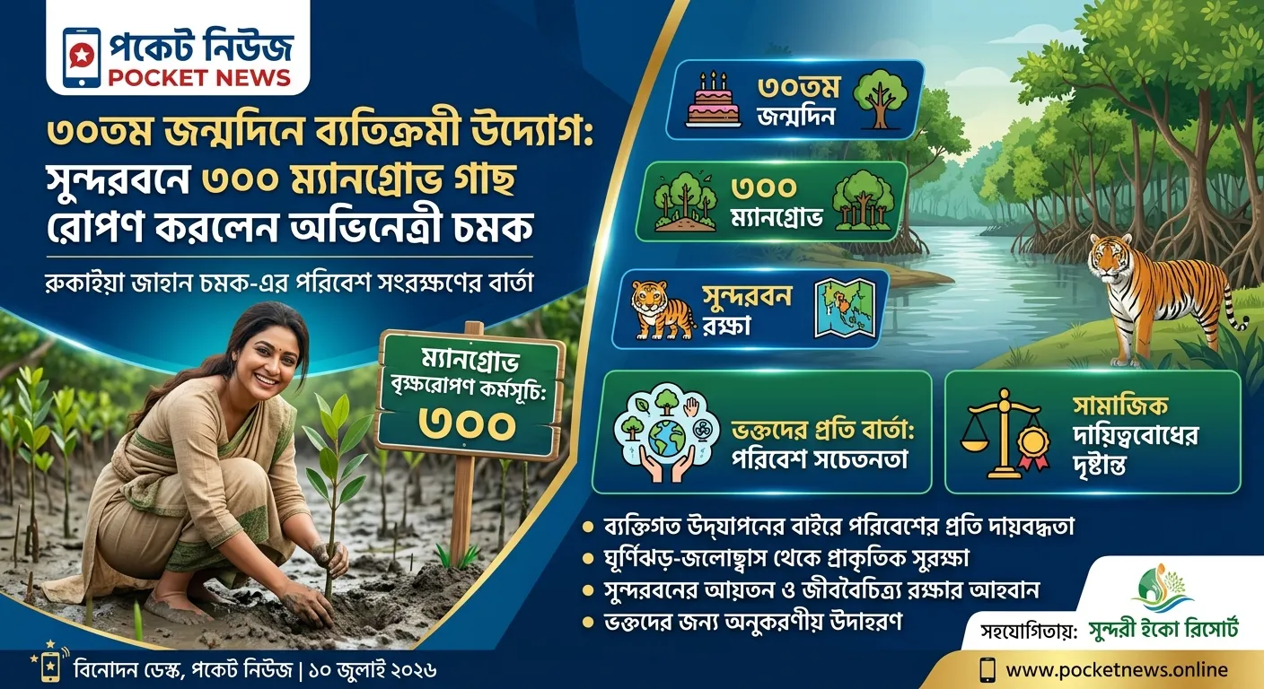 ৩০তম জন্মদিনে ব্যতিক্রমী উদ্যোগ: সুন্দরবনে ৩০০ ম্যানগ্রোভ গাছ রোপণ করলেন অভিনেত্রী চমক ৩০তম জন্মদিনে ব্যতিক্রমী উদ্যোগ: সুন্দরবনে ৩০০ ম্যানগ্রোভ গাছ রোপণ করলেন অভিনেত্রী চমক