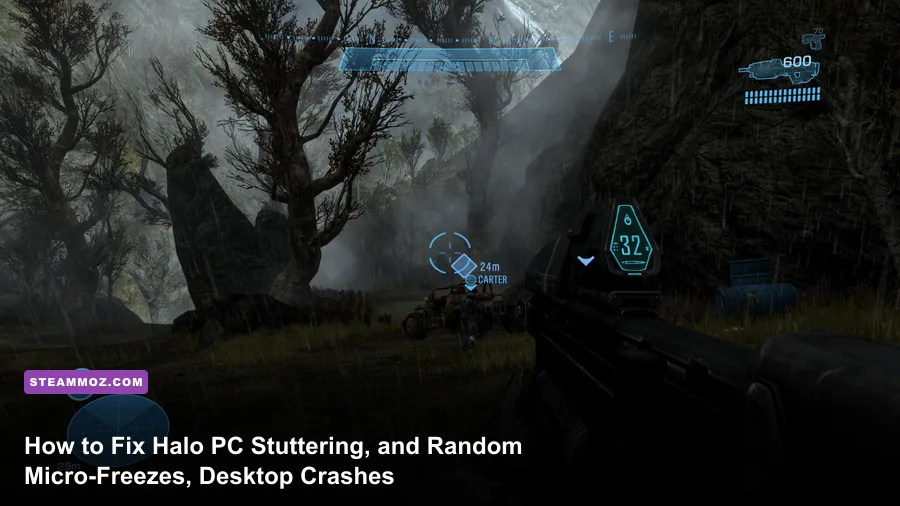 Master Chief standing in combat during a Halo PC match with high-definition graphics