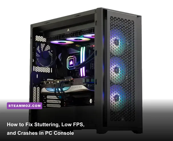 PC Console performance troubleshooting setup showing a game, FPS counter, and frame time graph