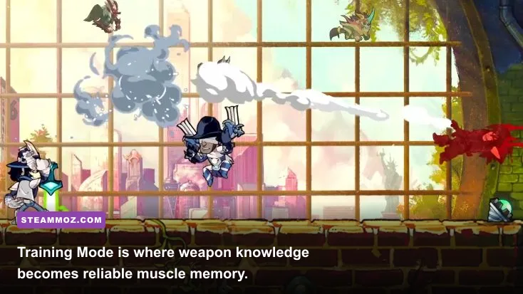 Brawlhalla Training Mode showing weapon combo practice and damage values