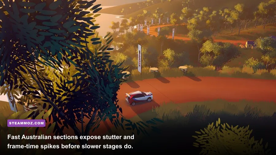 Art of Rally Australia rally car racing along a winding road in gameplay
