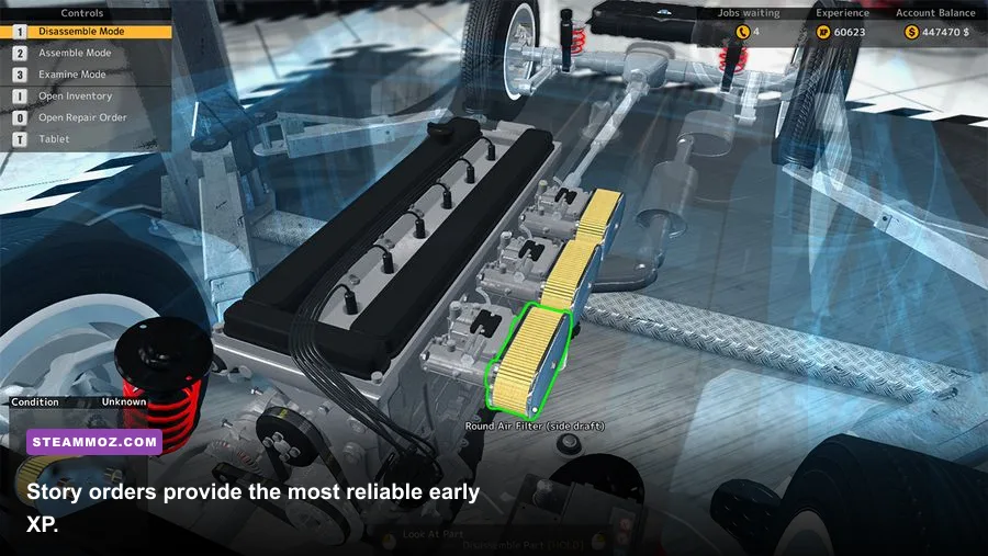 Car Mechanic Simulator 2015 story order showing an engine repair job