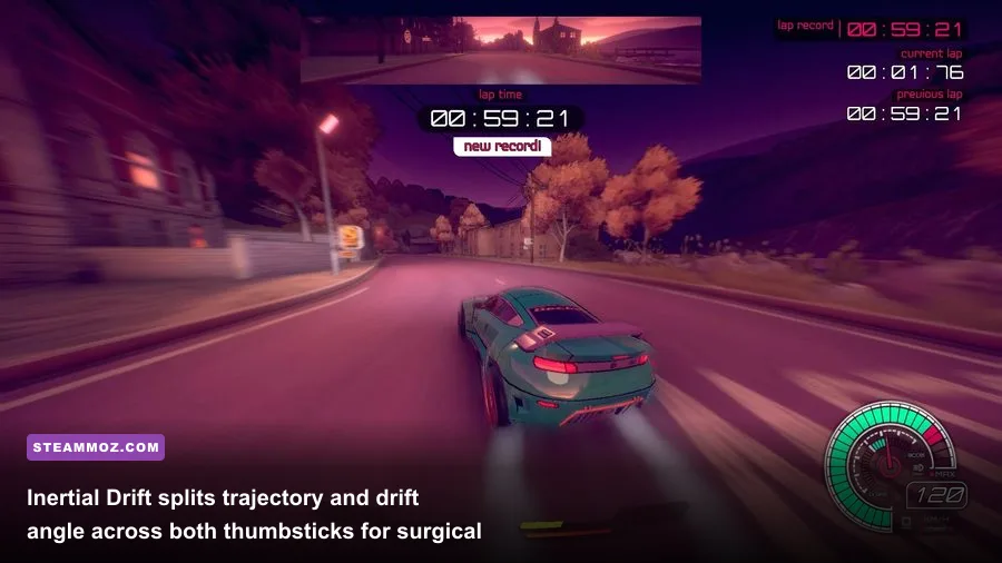 Inertial Drift twin-stick control drift cornering with neon trails