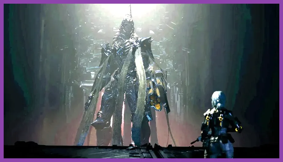 Fighting a Colossus boss in The First Descendant with ultimate weapons