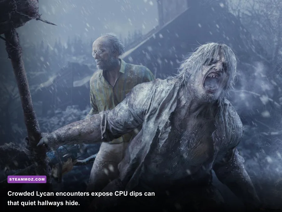 Ethan Winters fighting Lycans in Resident Evil Village